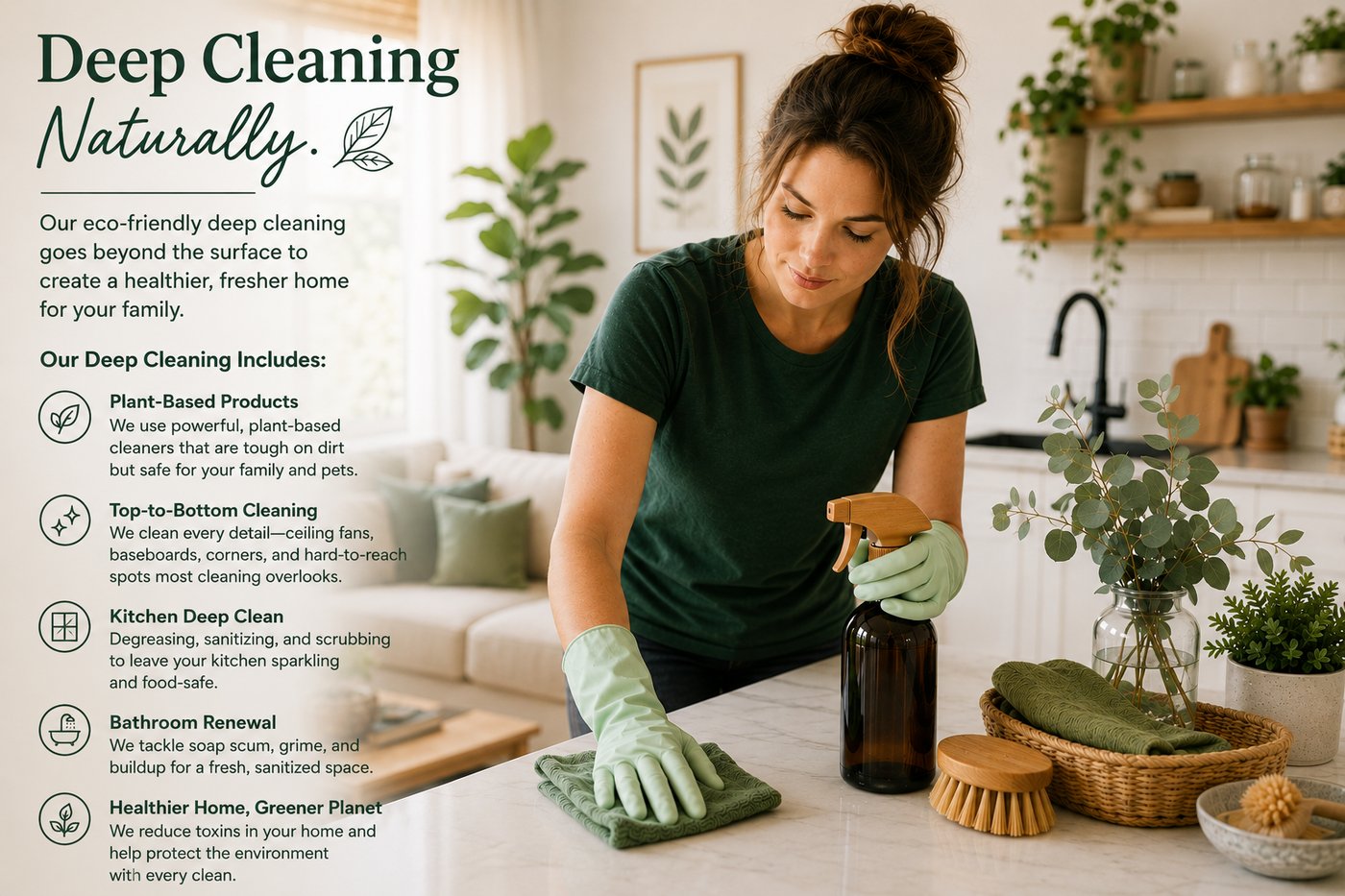 Harmony Home Services deep cleaning: plant-based products, top-to-bottom cleaning, kitchen deep clean, bathroom renewal